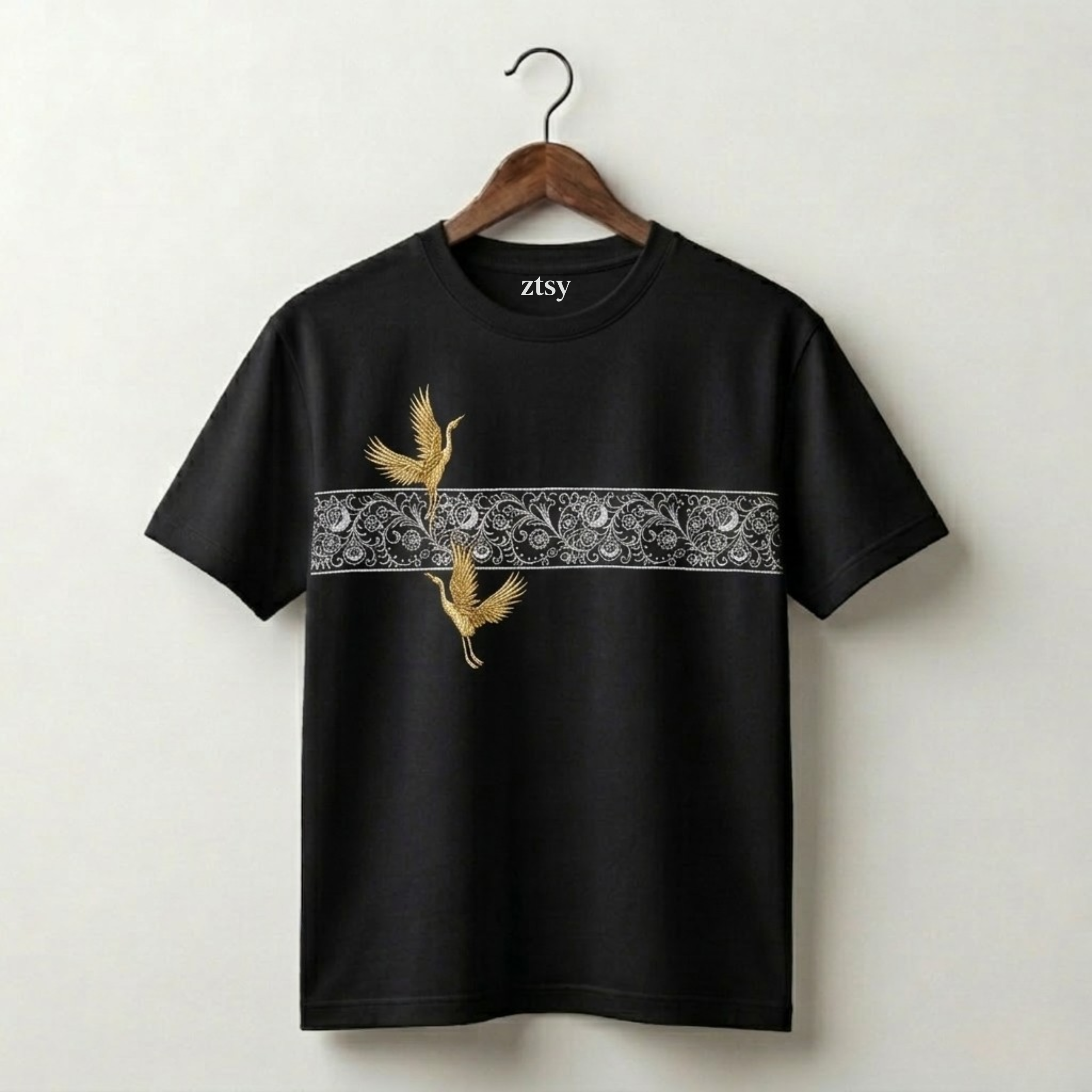 Gold Crane Ornamental Band Black Tee